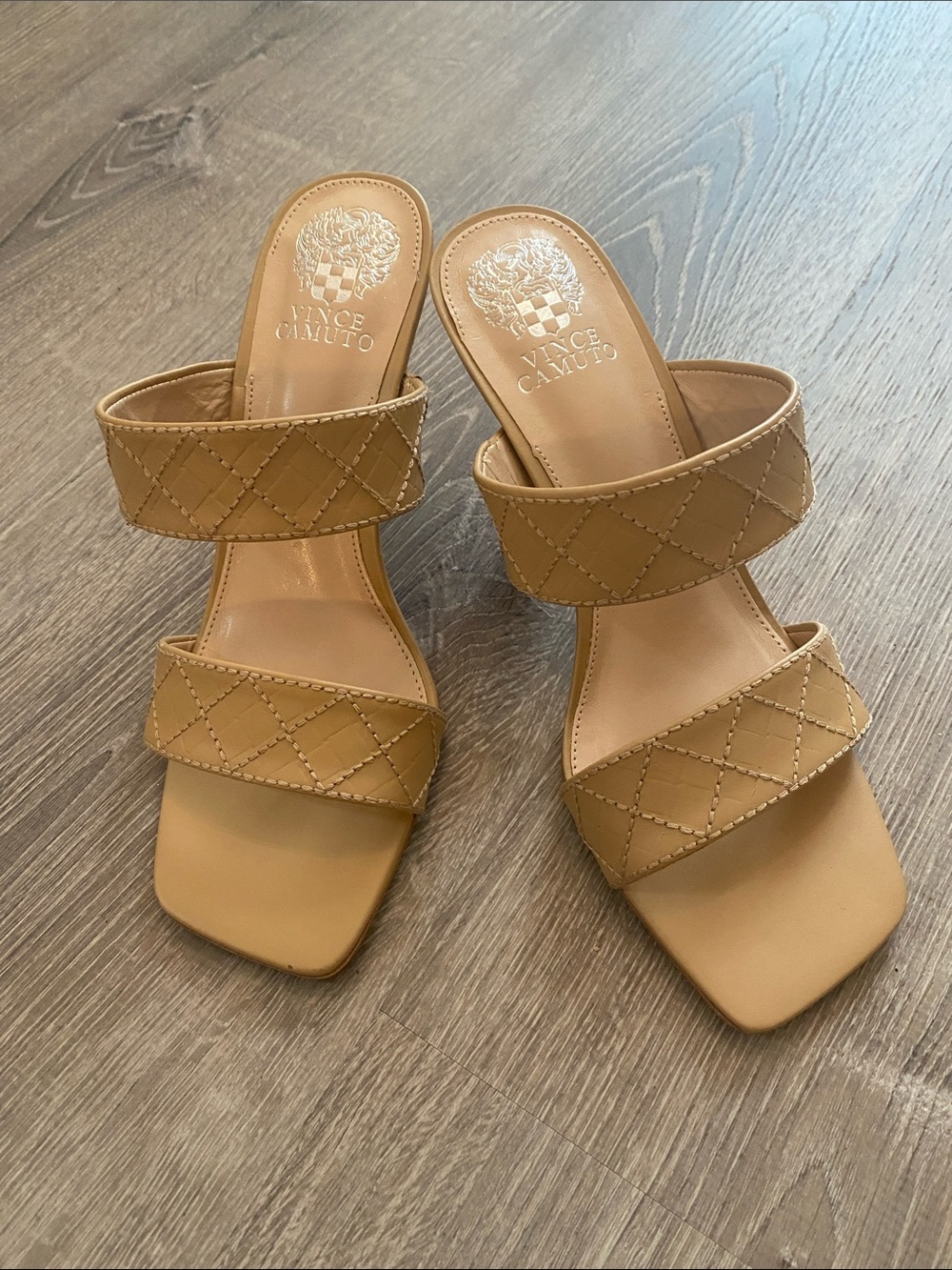 Vince Camuto Quilted Double-Strap Tan Slide Heels